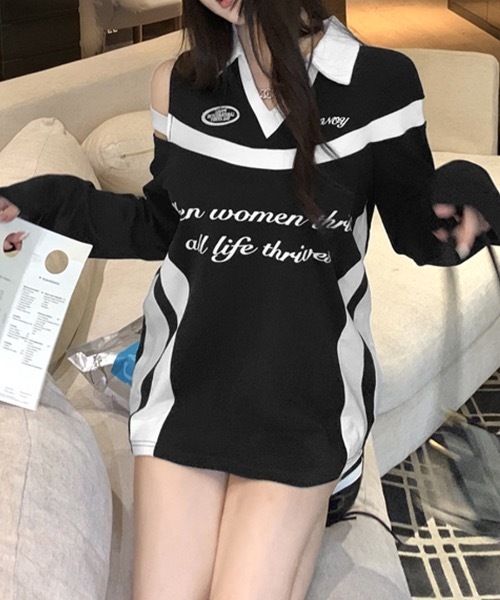 Riff(リフ)の「肩見せ配色ロゴトップス(Tシャツ/カットソー・レディース・グレー/ブラック/ホワイト・FREE)」の16枚目の写真