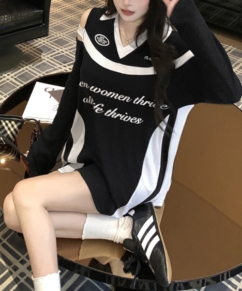 Riff(リフ)の「肩見せ配色ロゴトップス(Tシャツ/カットソー・レディース・グレー/ブラック/ホワイト・FREE)」の17枚目の写真