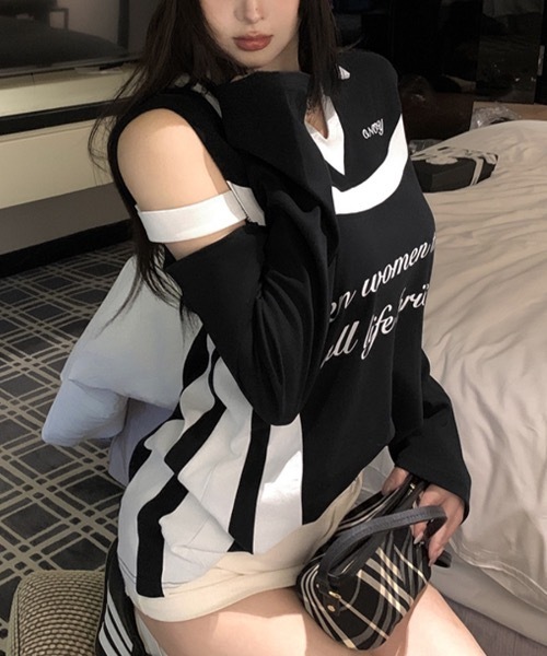 Riff(リフ)の「肩見せ配色ロゴトップス(Tシャツ/カットソー・レディース・グレー/ブラック/ホワイト・FREE)」の18枚目の写真