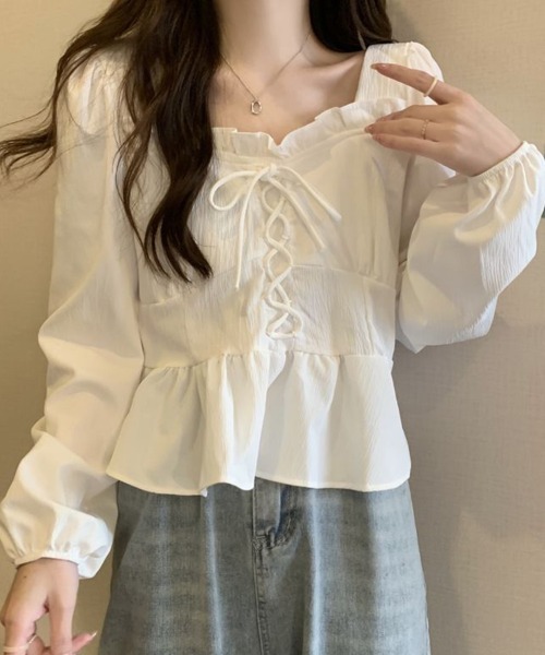 SallyLunn(サリーラン)の「フリルレースアップトップス(シャツ/ブラウス・レディース・スミクロ/ホワイト・MEDIUM/LARGE)」の6枚目の写真