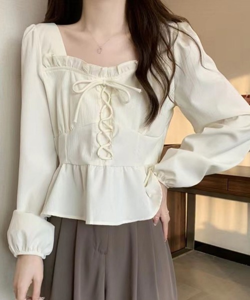 SallyLunn(サリーラン)の「フリルレースアップトップス(シャツ/ブラウス・レディース・スミクロ/ホワイト・MEDIUM/LARGE)」の7枚目の写真