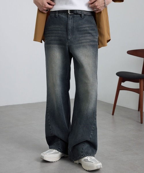 セール】ヴィンテージ加工ワイドフレアデニムパンツ（デニムパンツ