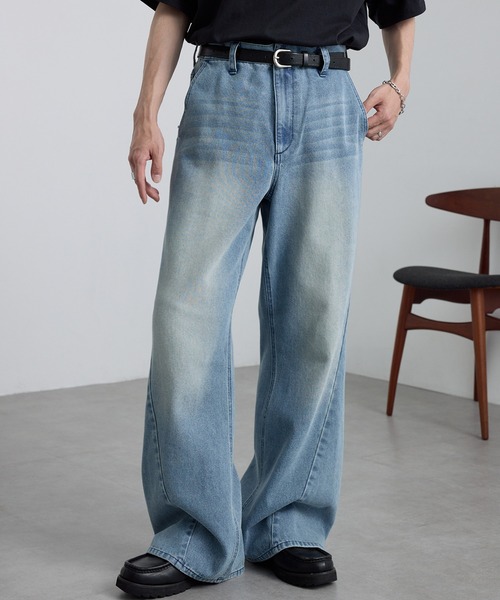 MONO-MART(モノマート)の「ヴィンテージ加工ワイドフレアデニムパンツ(デニムパンツ・メンズ・ブラック/ブルー系/サックスブルー/インディゴブルー/ネイビー・S/M/L)」の3枚目の写真