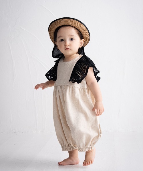 maarook(マルーク)の「杢ツイルメッシュフリルスリーブbabyロンパース(ロンパース・キッズ・オートミール・70cm/80cm)」の1枚目の写真