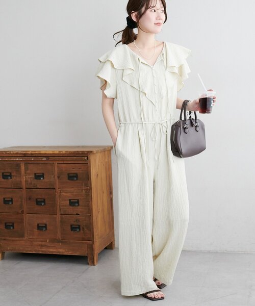 DISCOAT(ディスコート)の「【SS先行予約】ジャガードフリルサロペット(サロペット/オーバーオール・レディース・ブラック/アイボリー/モカ・PS/FREE)」の2枚目の写真