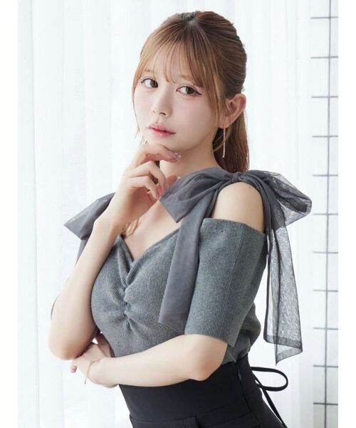 EATME（イートミー）の「ショルダーリボンリブTOP（Tシャツ/カットソー・レディース・グレー/オレンジ/アイボリー・FREE）」の3枚目の写真