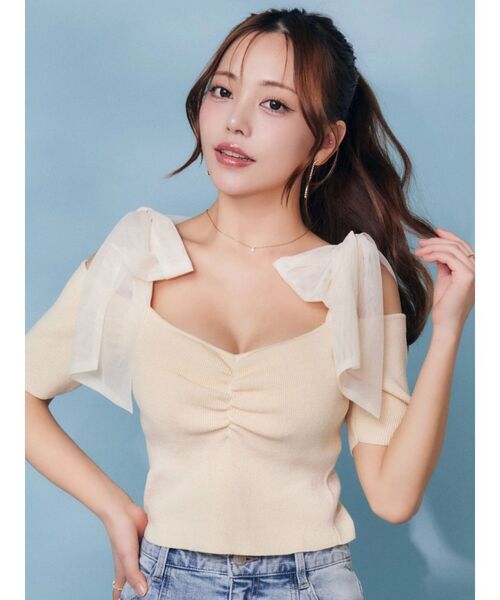 EATME（イートミー）の「ショルダーリボンリブTOP（Tシャツ/カットソー・レディース・グレー/オレンジ/アイボリー・FREE）」の2枚目の写真