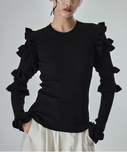 CLANE(クラネ)の「【CLANE/クラネ】FRILL SLEEVE KNIT TOPS/フリルスリーブニットトップス(ニット/セーター・レディース・マルチ/グレー/ブラック・1)」の2枚目の写真
