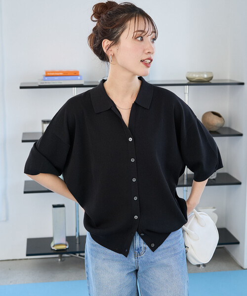 限定展開 ポロ衿 半袖 ニット ボタン カーディガン（カーディガン