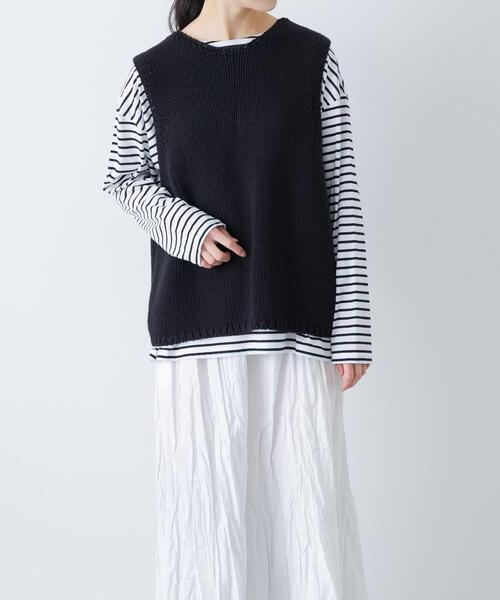 かぐれ（カグレ）の「コットンローゲージニットベスト（ベスト・レディース・アイボリー/ブラック・FREE）」の2枚目の写真