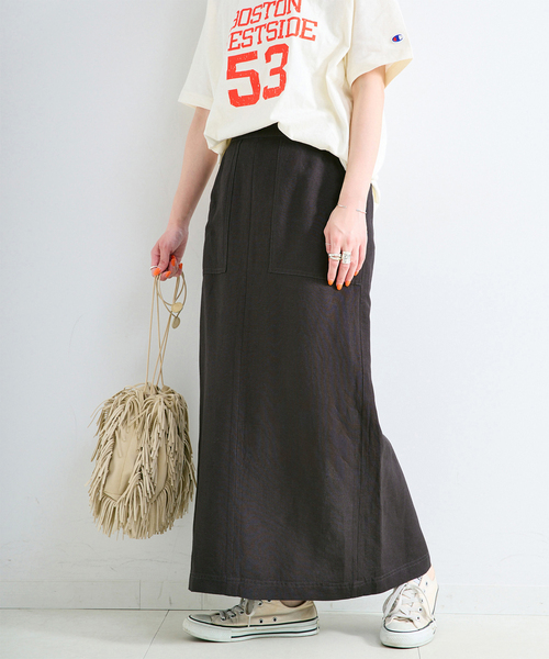 B.C STOCK（ベーセーストック）の「《S/Mサイズ展開》手洗い可 / リネンレーヨンストレートスカート（スカート・レディース・ブルー/ブラックミックス/スミクロ/カーキ・SMALL/MEDIUM）」の2枚目の写真