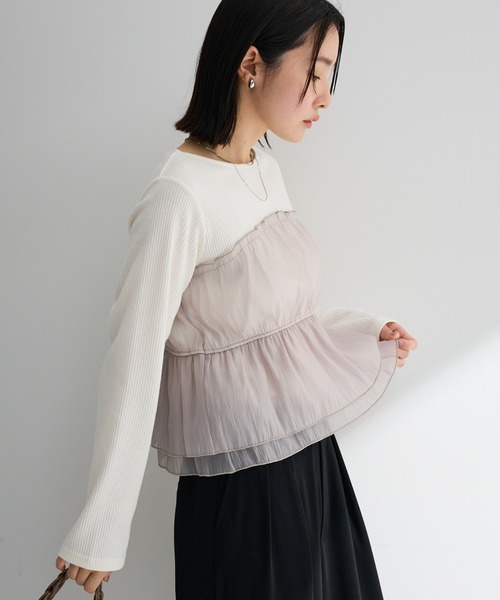 Green Parks(グリーンパークス)の「オーガンジービスチェドッキングプルオーバー(Tシャツ/カットソー・レディース・ブラック/グレー/ホワイト系その他2・FREE)」の1枚目の写真