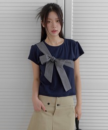 【UNE ORIGINAL】フロントチェック柄リボン半袖Tシャツカットソー