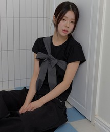【UNE ORIGINAL】フロントチェック柄リボン半袖Tシャツカットソー