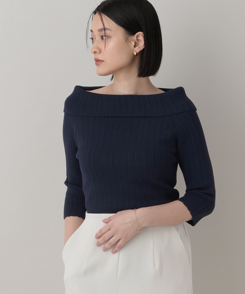 A part by(アパートバイ)の「オフショルリブニットプルオーバー_5分袖(ニット/セーター・レディース・アイボリー/ネイビー・FREE)」の1枚目の写真