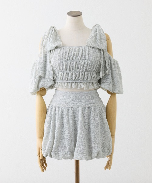 one after another NICE CLAUP（ワンアフターアナザーナイスクラップ）の「swimwear/シャーリングオフショル-バルーンミニスカート（3点セット)（水着・レディース・ミント/ブラック/ホワイト・FREE）」の3枚目の写真