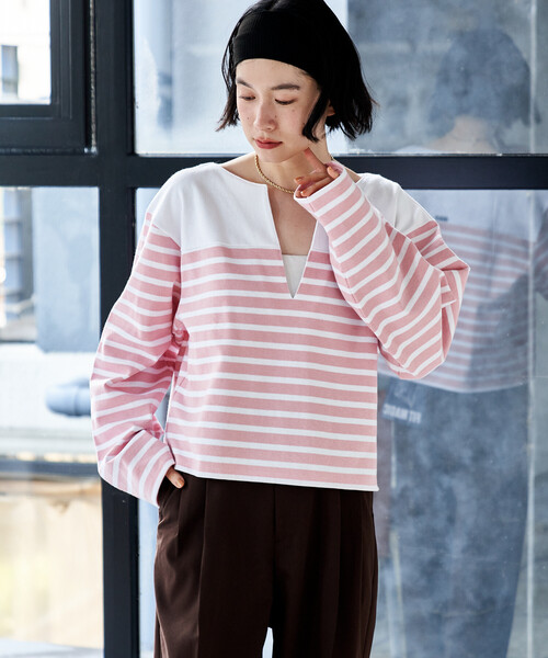 FREAK'S STORE(フリークスストア)の「CHANTECLAIR/シャントクレール 別注 バスクボーダー Vネックプルオーバー/バスクシャツ(Tシャツ/カットソー・レディース・ピンク/ナチュラル・フリ-)」の3枚目の写真