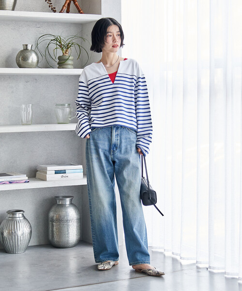 FREAK'S STORE(フリークスストア)の「CHANTECLAIR/シャントクレール 別注 バスクボーダー Vネックプルオーバー/バスクシャツ(Tシャツ/カットソー・レディース・ピンク/ナチュラル・フリ-)」の17枚目の写真