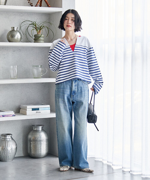FREAK'S STORE(フリークスストア)の「CHANTECLAIR/シャントクレール 別注 バスクボーダー Vネックプルオーバー/バスクシャツ(Tシャツ/カットソー・レディース・ピンク/ナチュラル・フリ-)」の19枚目の写真