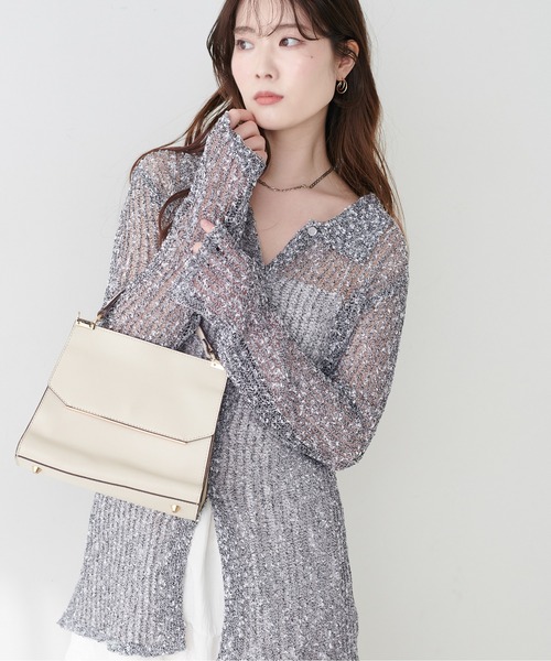 natural couture(ナチュラルクチュール)の「ネップ透かし編みカーデ(カーディガン/ボレロ・レディース・アイボリー/ブラック系その他・FREE)」の2枚目の写真