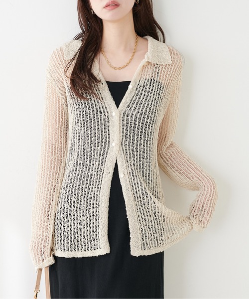natural couture(ナチュラルクチュール)の「ネップ透かし編みカーデ(カーディガン/ボレロ・レディース・アイボリー/ブラック系その他・FREE)」の1枚目の写真