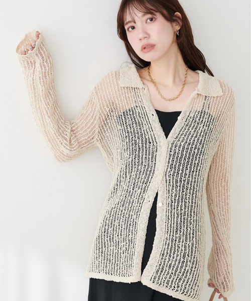 natural couture(ナチュラルクチュール)の「ネップ透かし編みカーデ(カーディガン/ボレロ・レディース・アイボリー/ブラック系その他・FREE)」の4枚目の写真