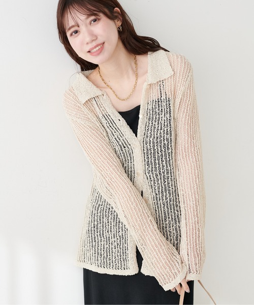 natural couture(ナチュラルクチュール)の「ネップ透かし編みカーデ(カーディガン/ボレロ・レディース・アイボリー/ブラック系その他・FREE)」の5枚目の写真