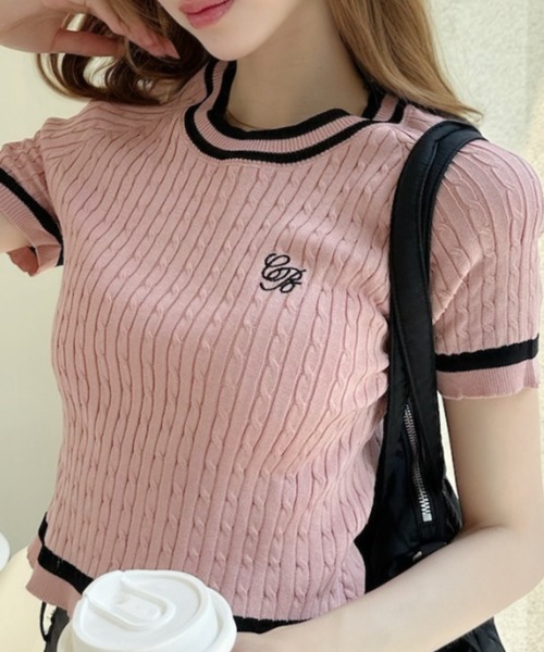 Ada.(エイダ)の「バイカラー ワンポイント刺繍 半袖 ニット トップス(ニット/セーター・レディース・ブラック/ベージュ/ホワイト/ピンク・FREE)」の7枚目の写真