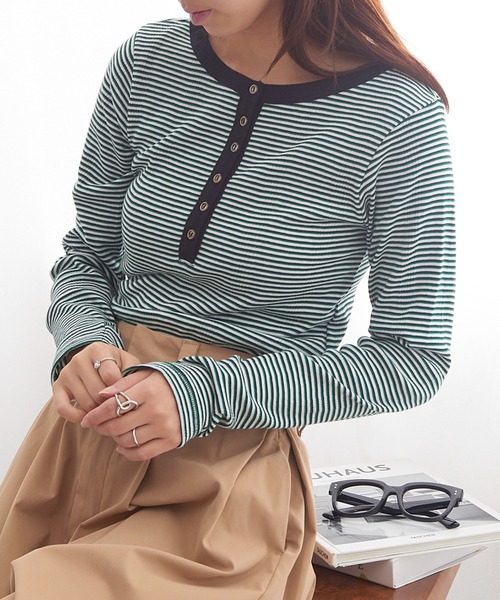 MILLER(ミラー)の「【Robert P. Miller】パネルリブ ヘンリー ロングスリーブTシャツ RM264-2281(Tシャツ/カットソー・レディース・ブラック/アイボリー/レッド系その他/チャコールグレー/ネイビー/グレー/ダークブラウン/ブラウン/レッド/ブルー/イエロー/ライトグリーン/グリーン/ストーン/ブラック系1/キャメル・FREE)」の8枚目の写真