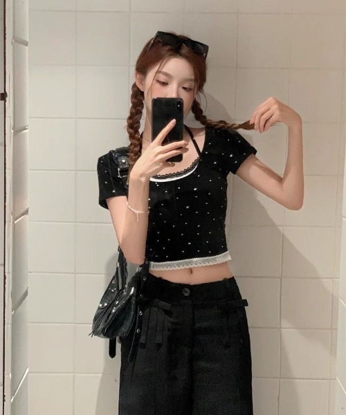 Ritzy(リッツィー)の「フェイクレイヤード リボンドット柄 ショート丈 トップス(Tシャツ/カットソー・レディース・ホワイト/ブラック・M/L)」の4枚目の写真