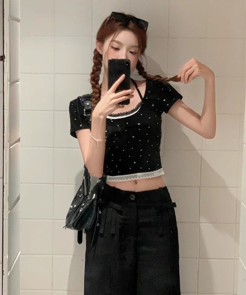 Ritzy(リッツィー)の「フェイクレイヤード リボンドット柄 ショート丈 トップス(Tシャツ/カットソー・レディース・ホワイト/ブラック・M/L)」の7枚目の写真