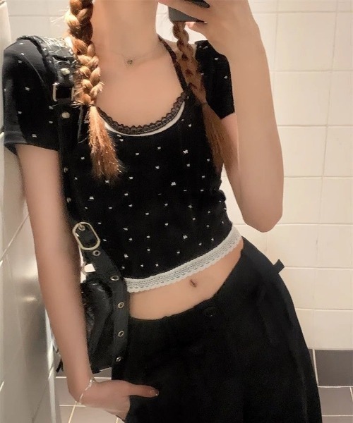 Ritzy(リッツィー)の「フェイクレイヤード リボンドット柄 ショート丈 トップス(Tシャツ/カットソー・レディース・ホワイト/ブラック・M/L)」の8枚目の写真