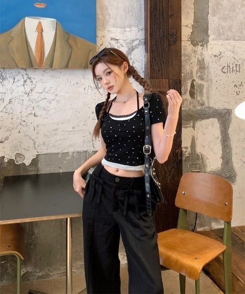 Ritzy(リッツィー)の「フェイクレイヤード リボンドット柄 ショート丈 トップス(Tシャツ/カットソー・レディース・ホワイト/ブラック・M/L)」の10枚目の写真