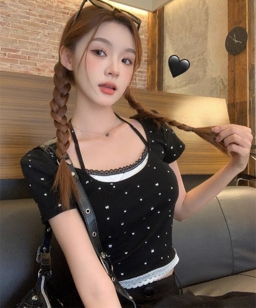Ritzy(リッツィー)の「フェイクレイヤード リボンドット柄 ショート丈 トップス(Tシャツ/カットソー・レディース・ホワイト/ブラック・M/L)」の12枚目の写真
