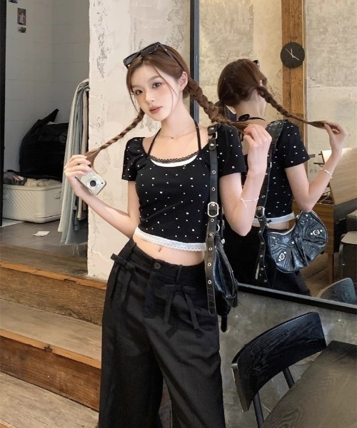 Ritzy(リッツィー)の「フェイクレイヤード リボンドット柄 ショート丈 トップス(Tシャツ/カットソー・レディース・ホワイト/ブラック・M/L)」の13枚目の写真