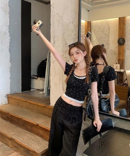 Ritzy(リッツィー)の「フェイクレイヤード リボンドット柄 ショート丈 トップス(Tシャツ/カットソー・レディース・ホワイト/ブラック・M/L)」の14枚目の写真