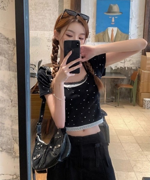 Ritzy(リッツィー)の「フェイクレイヤード リボンドット柄 ショート丈 トップス(Tシャツ/カットソー・レディース・ホワイト/ブラック・M/L)」の15枚目の写真