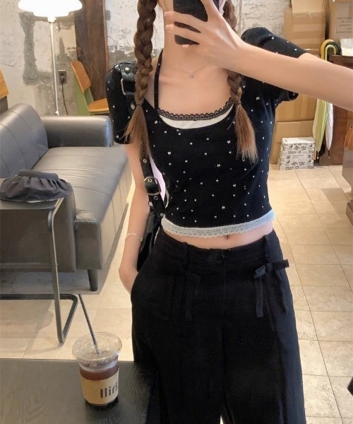 Ritzy(リッツィー)の「フェイクレイヤード リボンドット柄 ショート丈 トップス(Tシャツ/カットソー・レディース・ホワイト/ブラック・M/L)」の17枚目の写真