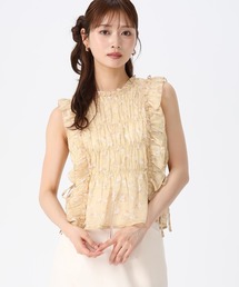 2026春夏新作 小花柄シャーリングノースリブラウス