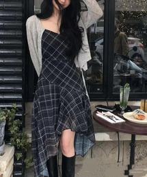 チェック柄 キャミソール アンバランス ヘム ワンピース タイト