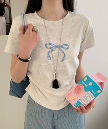 ギンガムリボンプリント半袖Tシャツ