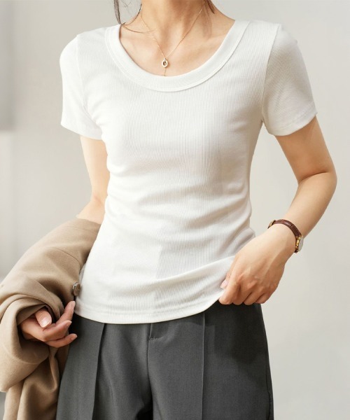 ONEP STAR(ワンピスター)の「無地リブTシャツ(Tシャツ/カットソー・レディース・セージグリーン/ブラック/ダークグレー/ダークカーキ/モスグリーン/ホワイト/ライトグレー・MEDIUM/LARGE/X-LARGE)」の2枚目の写真