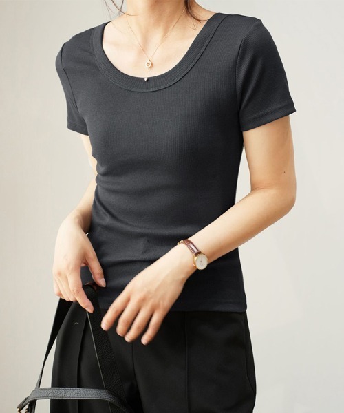 ONEP STAR(ワンピスター)の「無地リブTシャツ(Tシャツ/カットソー・レディース・セージグリーン/ブラック/ダークグレー/ダークカーキ/モスグリーン/ホワイト/ライトグレー・MEDIUM/LARGE/X-LARGE)」の5枚目の写真