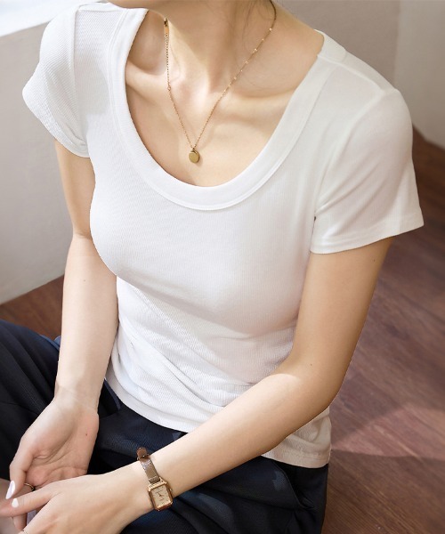 ONEP STAR(ワンピスター)の「無地リブTシャツ(Tシャツ/カットソー・レディース・セージグリーン/ブラック/ダークグレー/ダークカーキ/モスグリーン/ホワイト/ライトグレー・MEDIUM/LARGE/X-LARGE)」の9枚目の写真
