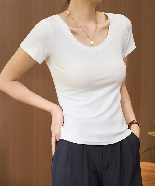 ONEP STAR(ワンピスター)の「無地リブTシャツ(Tシャツ/カットソー・レディース・セージグリーン/ブラック/ダークグレー/ダークカーキ/モスグリーン/ホワイト/ライトグレー・MEDIUM/LARGE/X-LARGE)」の10枚目の写真