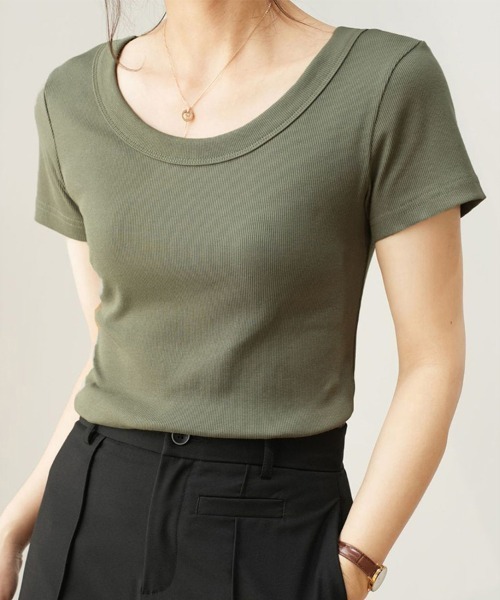 ONEP STAR(ワンピスター)の「無地リブTシャツ(Tシャツ/カットソー・レディース・セージグリーン/ブラック/ダークグレー/ダークカーキ/モスグリーン/ホワイト/ライトグレー・MEDIUM/LARGE/X-LARGE)」の11枚目の写真