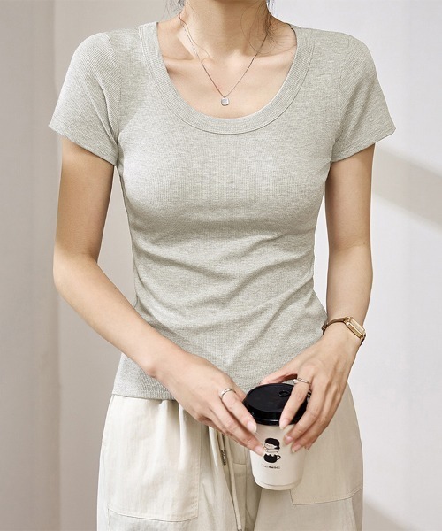 ONEP STAR(ワンピスター)の「無地リブTシャツ(Tシャツ/カットソー・レディース・セージグリーン/ブラック/ダークグレー/ダークカーキ/モスグリーン/ホワイト/ライトグレー・MEDIUM/LARGE/X-LARGE)」の14枚目の写真