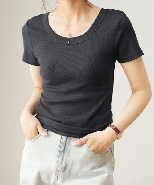 ONEP STAR(ワンピスター)の「無地リブTシャツ(Tシャツ/カットソー・レディース・セージグリーン/ブラック/ダークグレー/ダークカーキ/モスグリーン/ホワイト/ライトグレー・MEDIUM/LARGE/X-LARGE)」の22枚目の写真