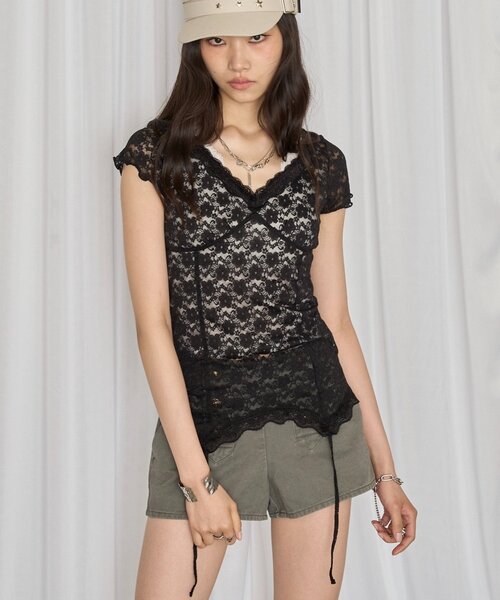 WHO'S WHO gallery（フーズフーギャラリー）の「レースガーターS/S トップス（Tシャツ/カットソー・レディース・サックスブルー/ピンク/ブラック/オフホワイト・FREE）」の11枚目の写真
