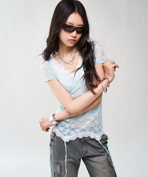 WHO'S WHO gallery（フーズフーギャラリー）の「レースガーターS/S トップス（Tシャツ/カットソー・レディース・サックスブルー/ピンク/ブラック/オフホワイト・FREE）」の15枚目の写真